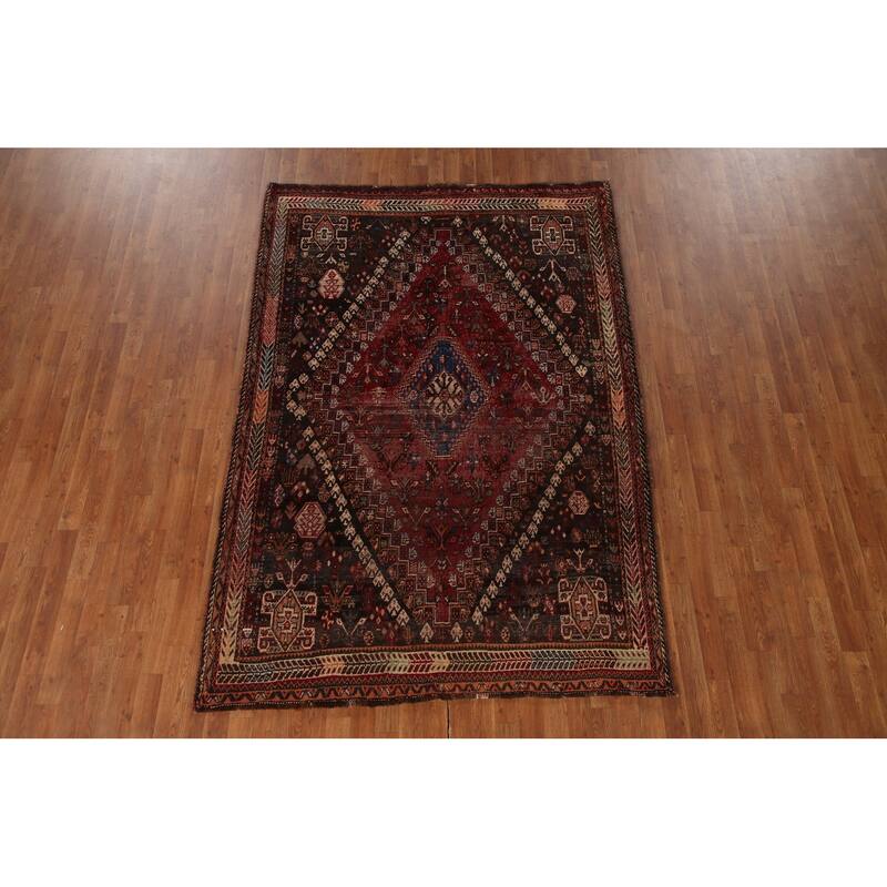 Vegetable Dye Shiraz Persian Antique Area Rug Hand-Knotted Wool Carpet - 5'7"x 8'2"