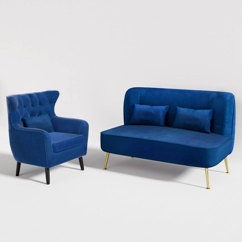 Upholstered Tuft Velvet Metal Thick Cushion Two Accent Chairs Loveseat