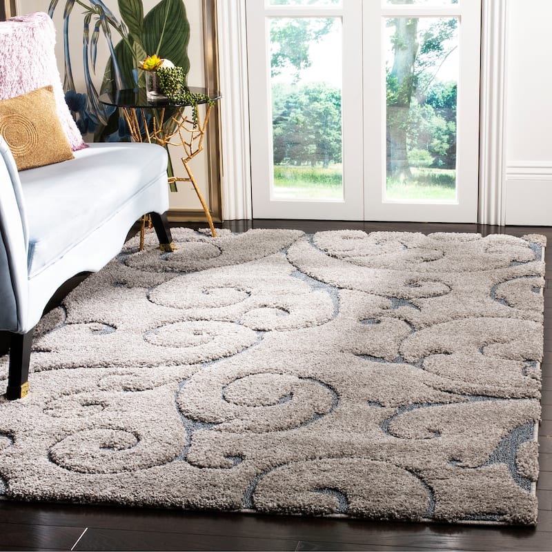 SAFAVIEH Florida Shag Shahin Scroll 1.2-inch Thick Textured Rug - 3'3" x 5'3" - Grey/Light Blue
