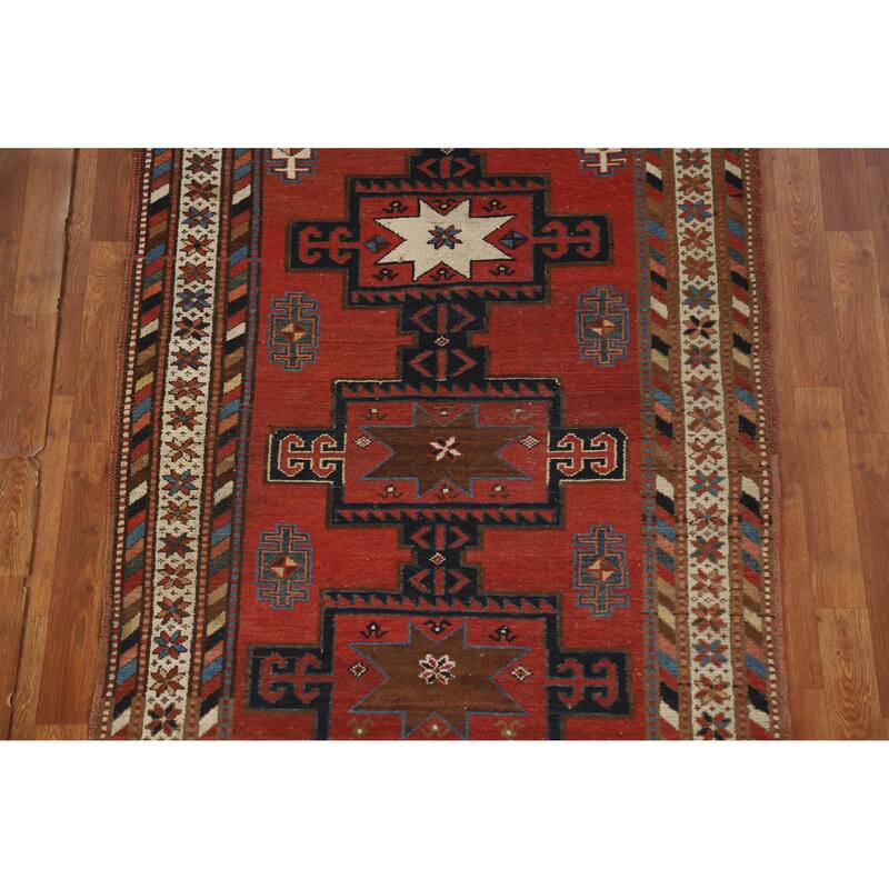 Hand Knotted Oriental 100% Wool Carpet Traditional Tribal Red Kazak Runner Rug - 13' 3'' X 3' 10''