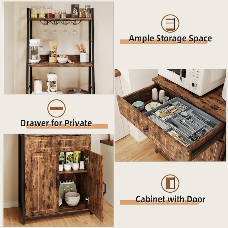 3 Tiers Bakers Racks for Kitchens, Wood+Metal Freestanding Bakers Rack with Cabinet