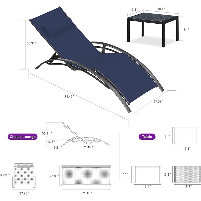 PURPLE LEAF Patio Chaise Lounge Set Outdoor Beach Pool Sunbathing Lawn Lounger Recliner Chair Side Table Included