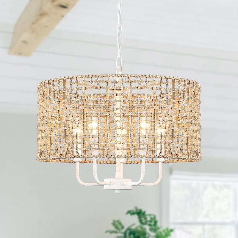 5-Light 18.89-inch Rattan Drum Chandelier for Living Room Kitchen - Distressed White
