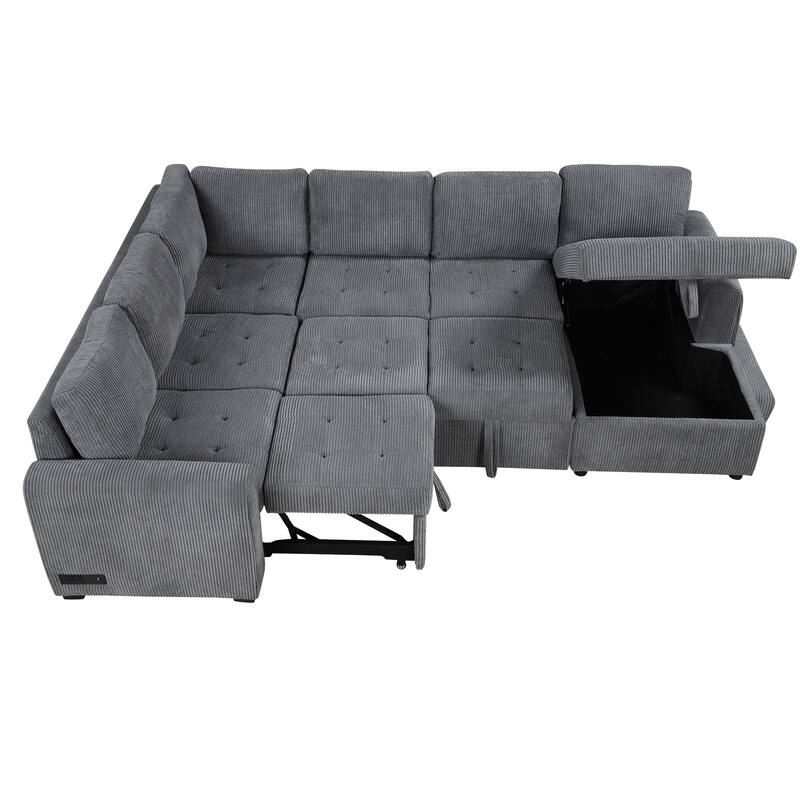 Convertible Sectional Sleeper Sofa with Pull Out Bed, Storage Chaise & Charging Devices, Oversized Corduroy U-Shaped Cloud Sofa