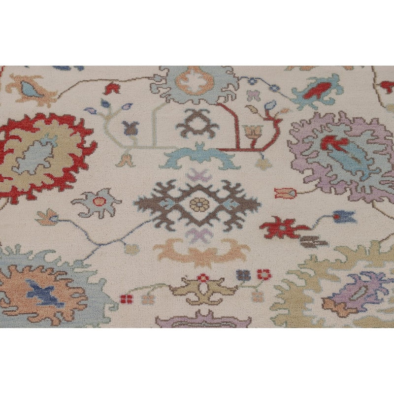 Beige / Ivory Floral Oushak Area Rug Hand-Knotted Wool Carpet - 9'1" x 11'9"