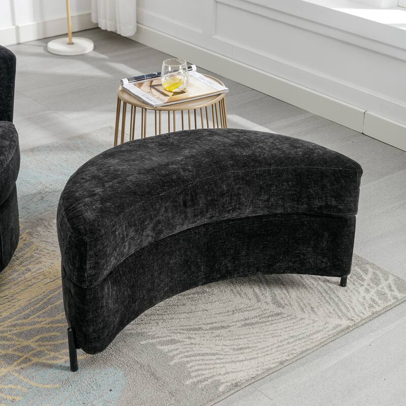 32.7" W Sherpa Upholstered Half Crescent Moon Storage Bench Large Ottoman With Tray Serve As Side Table Soft Padded Seat