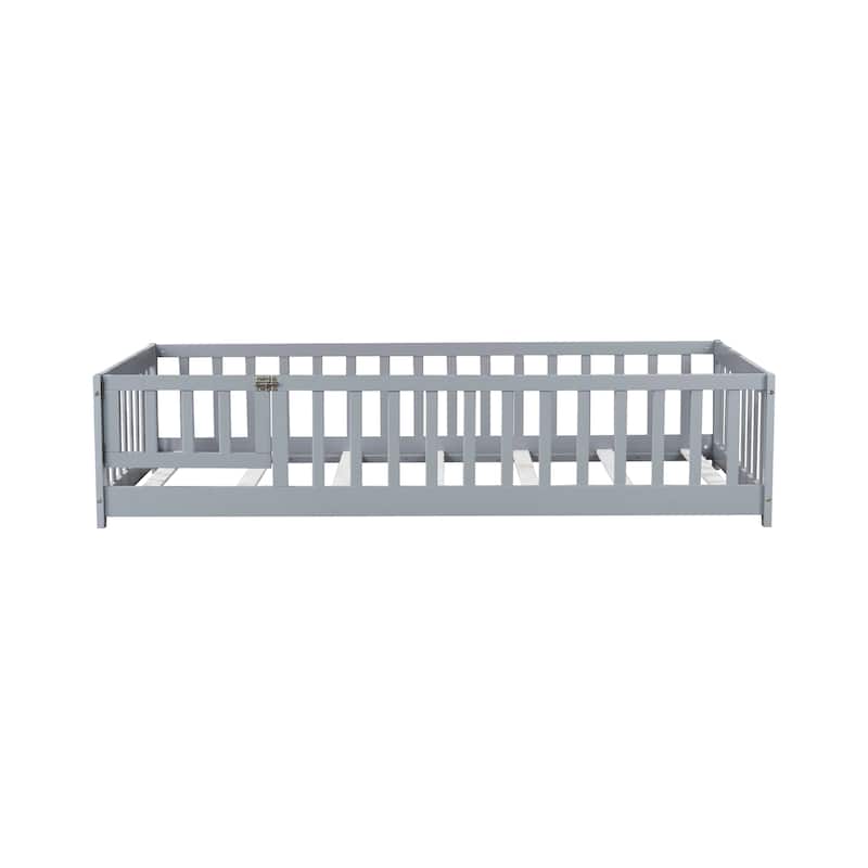 Twin Size Floor Bed With Fence And Door,Rubber Wood Floor Bed With Safety Guardrails