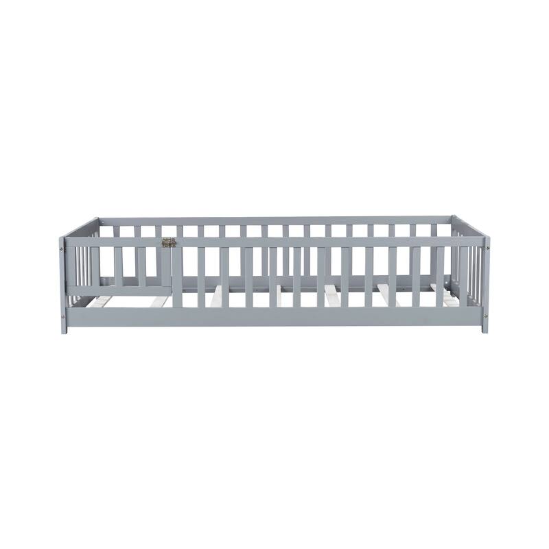 Wooden Floor Bed Frame with Slats Support, Twin Size Kids Floor Bed, Rubber Wood Twin Floor Bed Frame with Fence and Door