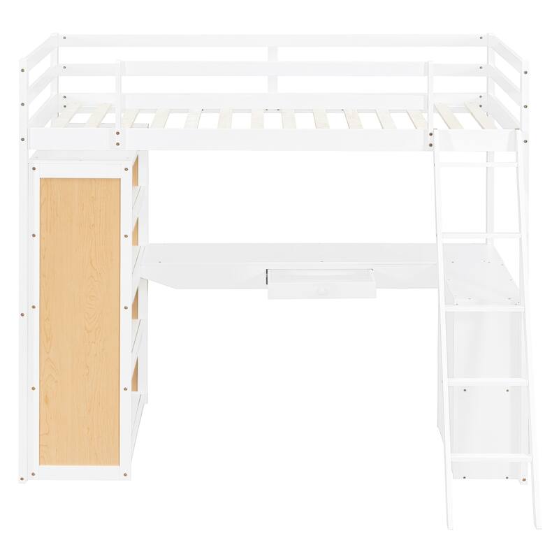 Space-Saving Twin Loft Bed with Desk, Shelves, and Ladder, White