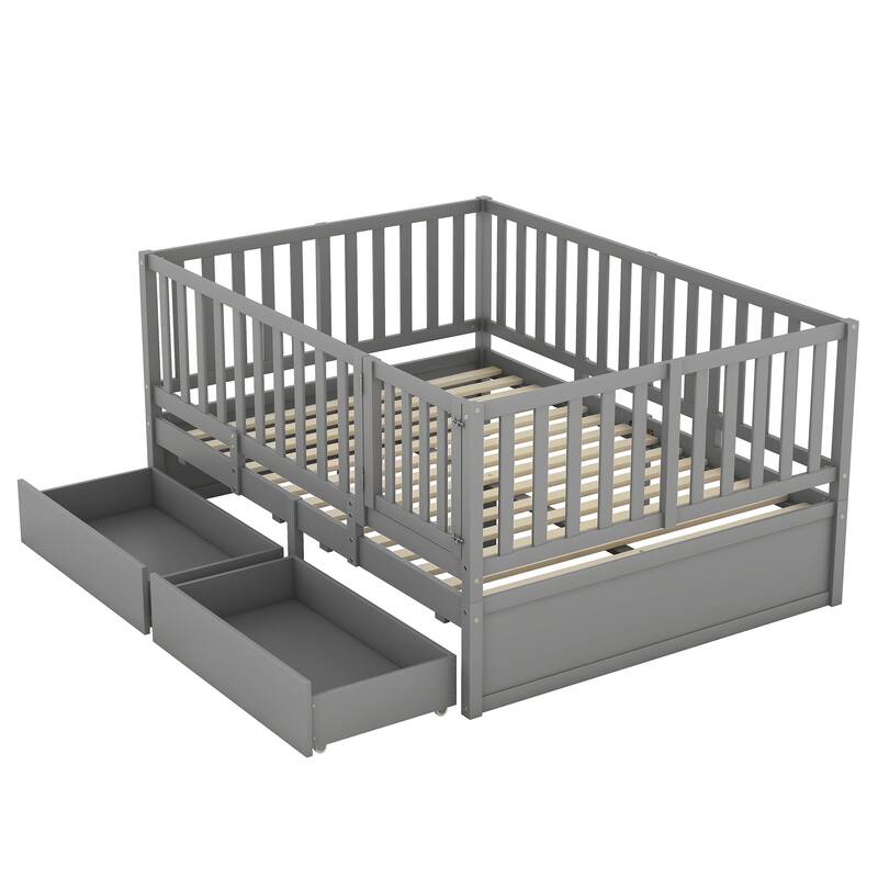 Modern Wood Daybed with Fence Guardrails and 2 Drawers