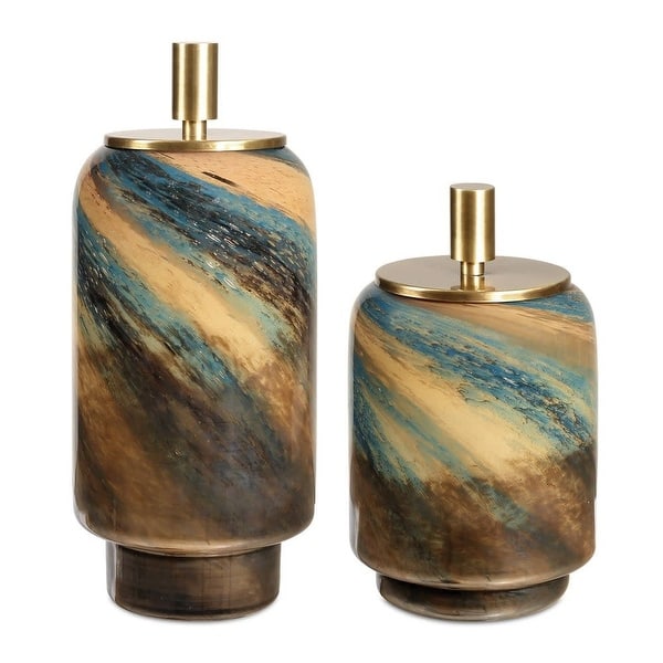 slide 2 of 4, Uttermost 18188 Celestial Tide 14-1/4" Tall Glass and Metal Canisters Blue / Caramel