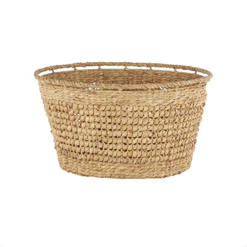 Brown Seagrass Handmade Woven Oval Decorative and Functional Storage Basket with Elevated Rim and Slot Handles