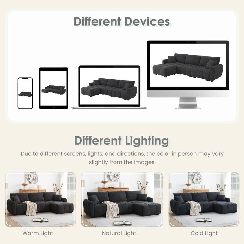 Modular Sectional Sofa Boucle Fabric Pull-line Design L-Shape Sofa Set with Movable Ottoman for Living Room 3-Seater Couch