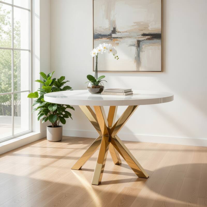 Emi 47 Inch Dining Table, Round White Lacquer Top, X Twisted Gold Legs