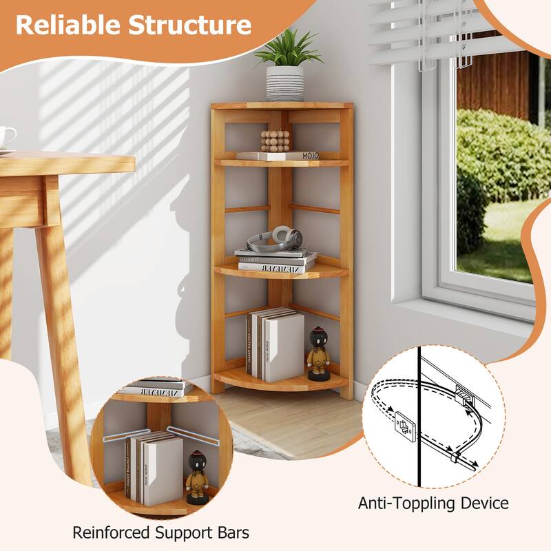 Gymax 2PCS 4-Tier Corner Shelf w/ Rubber Wood Frame Anti-Toppling Kit