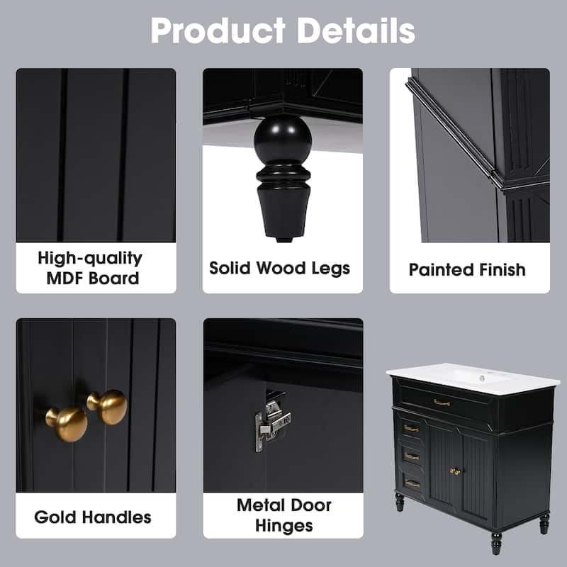 36" Bathroom Vanity with Undermount Sink, Freestanding Black Cabinet, Gold Handles, Storage Drawers, and MDF Design
