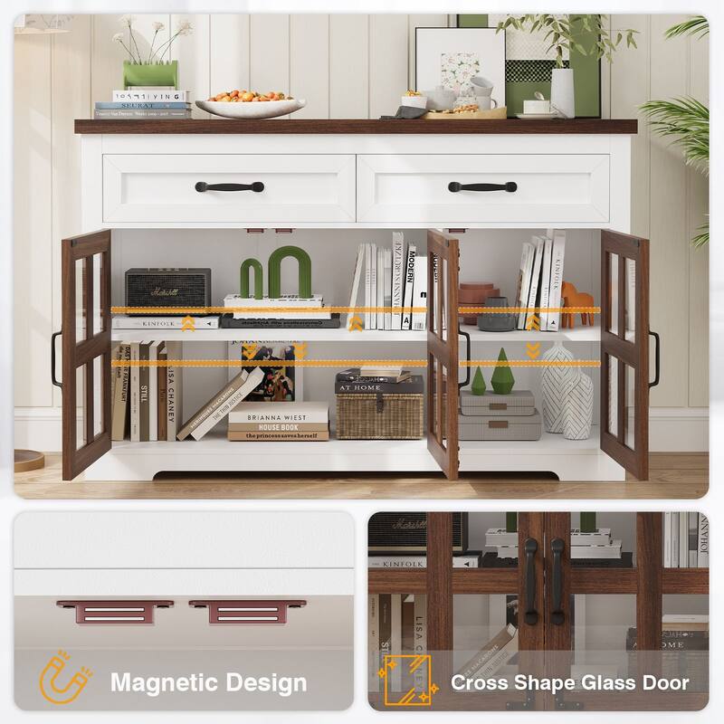 Gymojoy 53" Farmhouse Buffet Cabinet with Glass Doors, Modern Sideboard Storage Console for Kitchen, Dining Room, Living Room