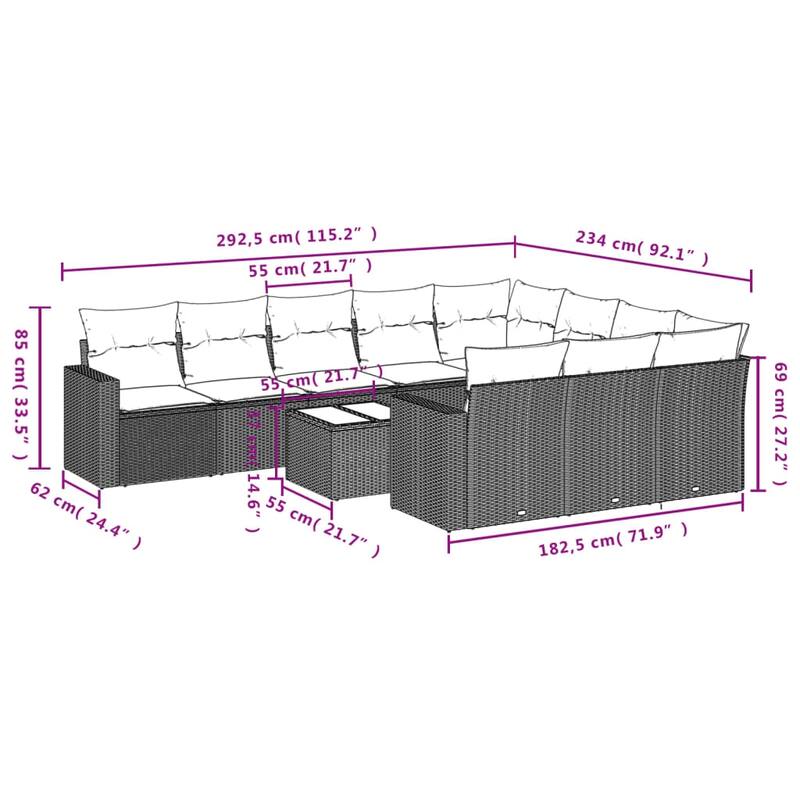 vidaXL 10/11 Piece Patio Sofa Set with Cushions Black Poly Rattan - 24.4" x 24.4" x 27.2"