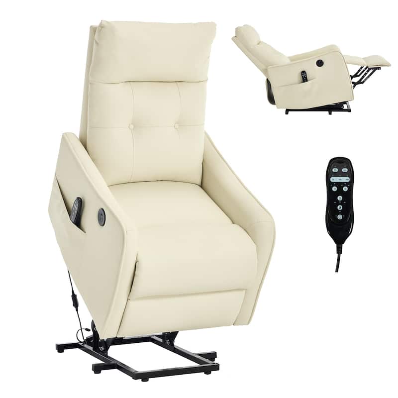 PU Leather Recliner with Single Motor Lift Massage Heat and 155 Degree Recline