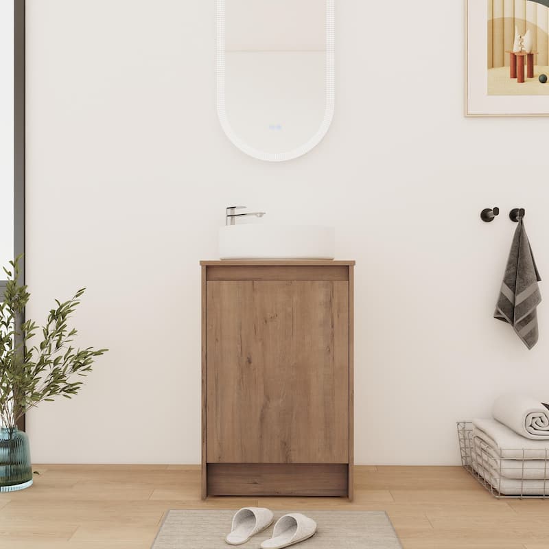 Bathroom Vanity With Sink In 20 Inch, Freestanding Bathroom Vanity With Soft Close Door and Adjustable Shelf - Imitative Oak-White Basin - 19.69''W×18.13''D×35.25''H