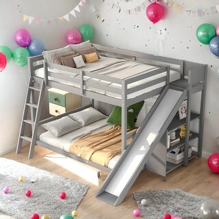 Full over Full Wood Bunk Bed with Ladder, With Slide and Shelves,Maximized Space,more interesting,No Box Spring Needed,Gray