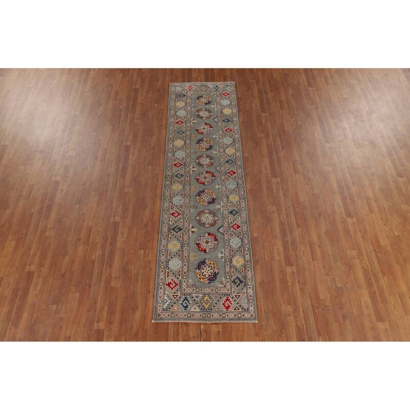 Gray Geometric Kazak Oriental Runner Rug Hand-Knotted Wool Carpet - 2'9" x 10'0"