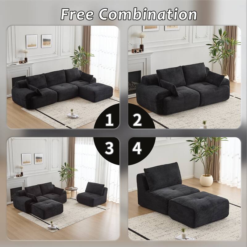 L Shaped Modular Sectional Sofa with Ottoman, Corduroy Upholstered Cloud Sofa, Compressed Sofa with Cushions & Throw Pillows