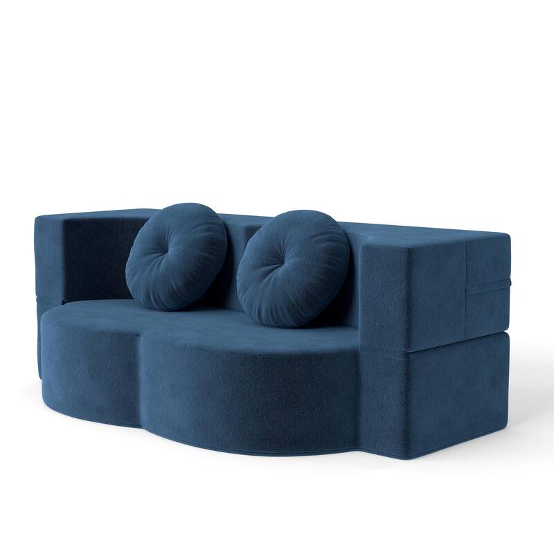 Modern 2-Seater Sofa Multi-Functional Folding Sofa Bed with Pillow, Curved Armrest, for Living Room, Apartment, Blue