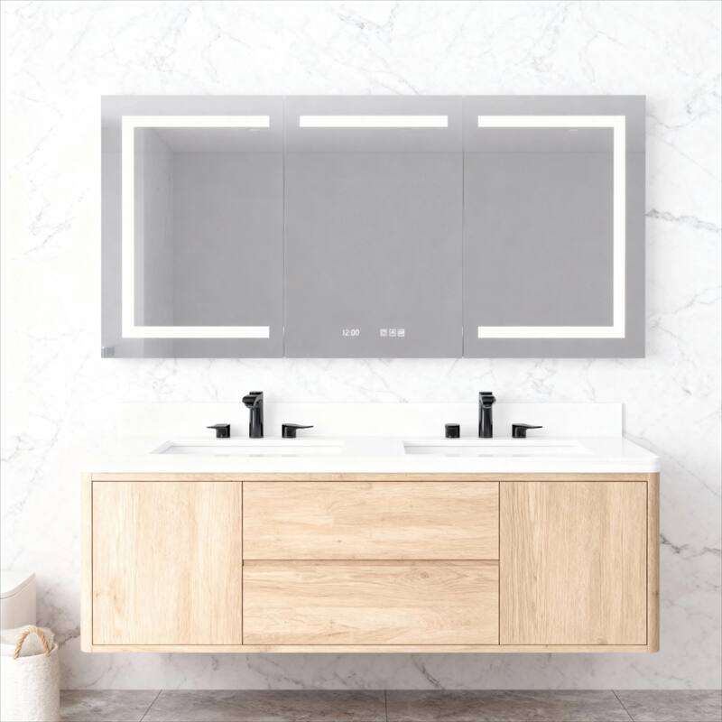 Rectangular Aluminum Recessed/Surface Mount Medicine Cabinet in Silver with Mirror LED and Clock - Silver - 60'' x 5.4'' x 30''