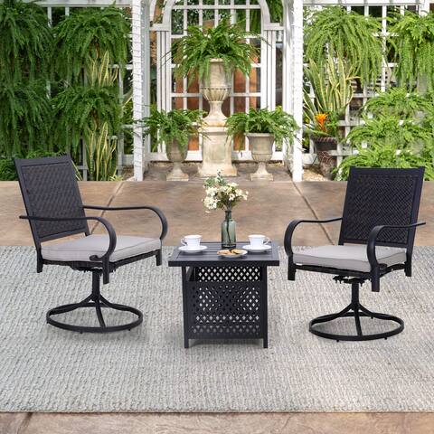 3-piece Patio Bistro Set, 2 Rattan Swivel Chairs with Cushion and 1 Metal Table with Umbrella Hole
