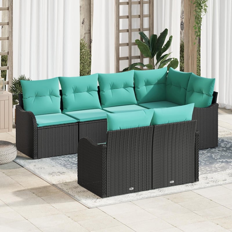 vidaXL 7 Garden Sofa Set with Cushions Black/Brown/Grey Poly Rattan - 91.5 x 48.2 x 27.2 - Black