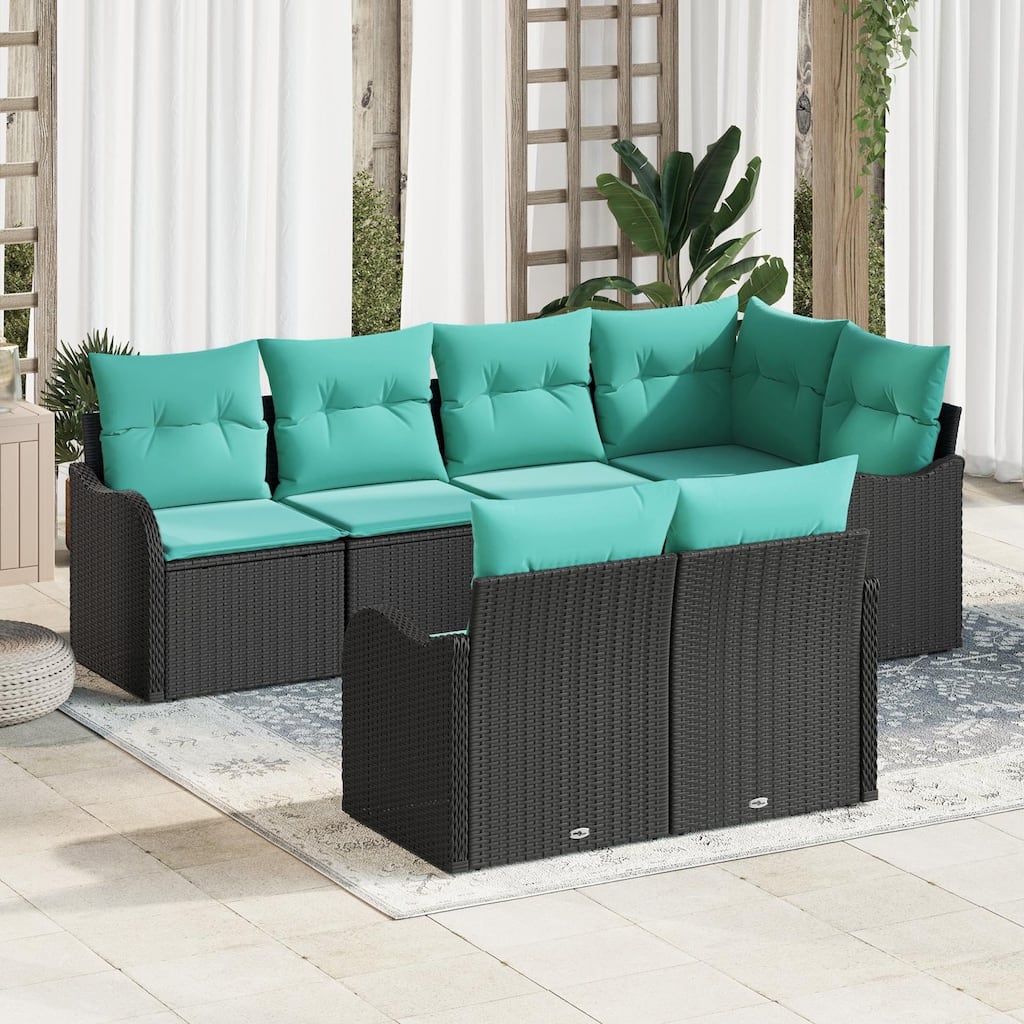 vidaXL 7 Garden Sofa Set with Cushions Black Poly Rattan - 91.5 x 48.2 x 27.2