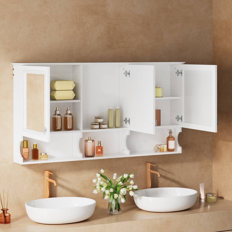 55"Mirror Medicine Cabinet with Open Shelves,Wall Mounted Storage with Doors & Mirror,Adjustable Shelf