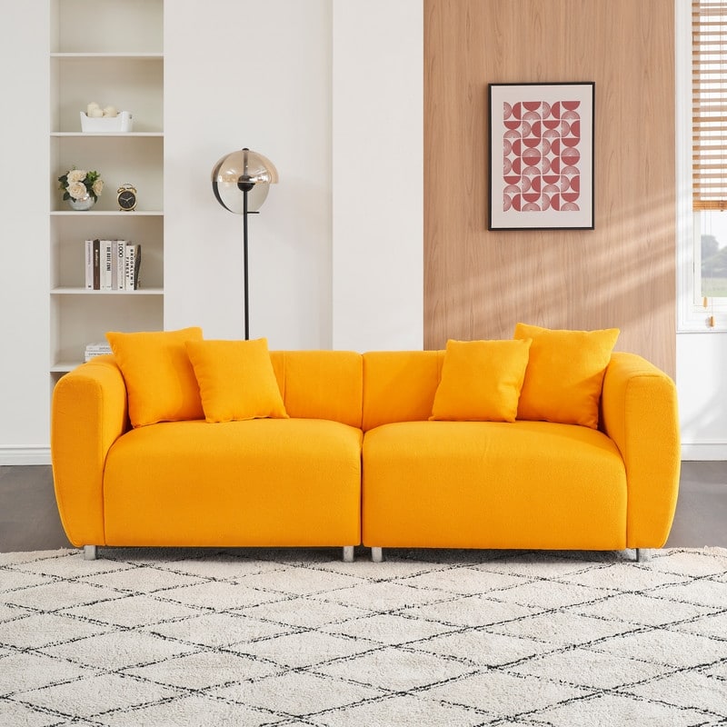 89" Cotton Linen Teddy 3-Seater Upholstered Sofa with Metal Legs