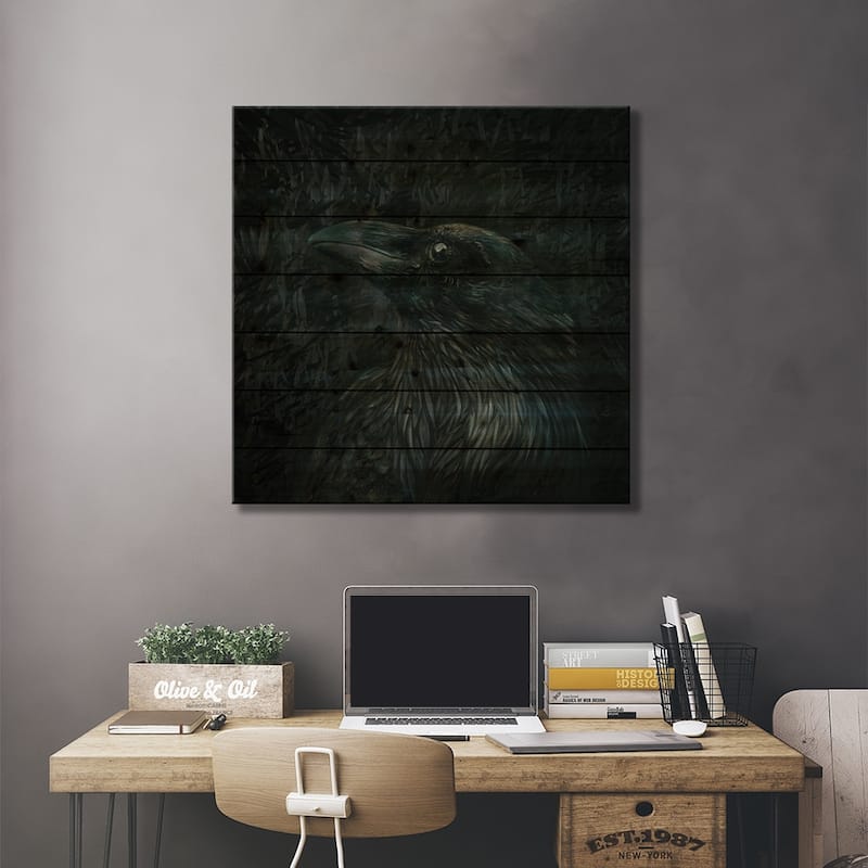 White Raven Print On Wood by Iris Scott - Multi-Color
