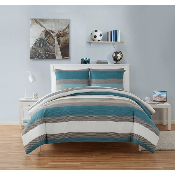 MODERN REVERSIBLE BLUE TEAL ORANGE GREEN TAN STRIPE BOYS SOFT COMFORTER SET NEW! 