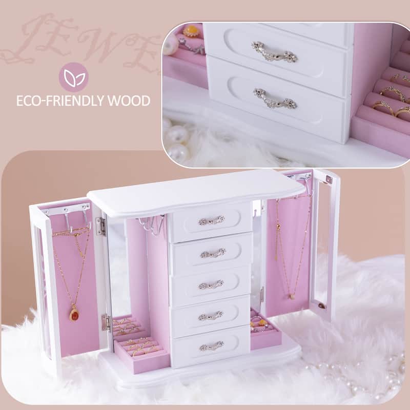 Classic vintage Jewelry Boxes for Women, 5 Layer Drawer Wood Jewelry Boxes and built-in Hooks and Attached Mirror
