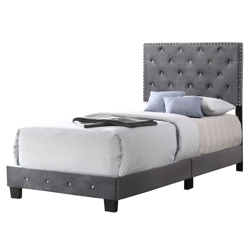 Suffolk Velvet Upholstered Jewel Accent Tufted Nailhead Panel Bed