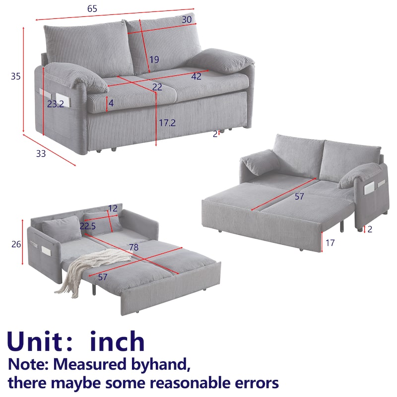 64.5" Loveseat Sofa with Pullout Bed,Corduroy Convertible Sleeper Sofa