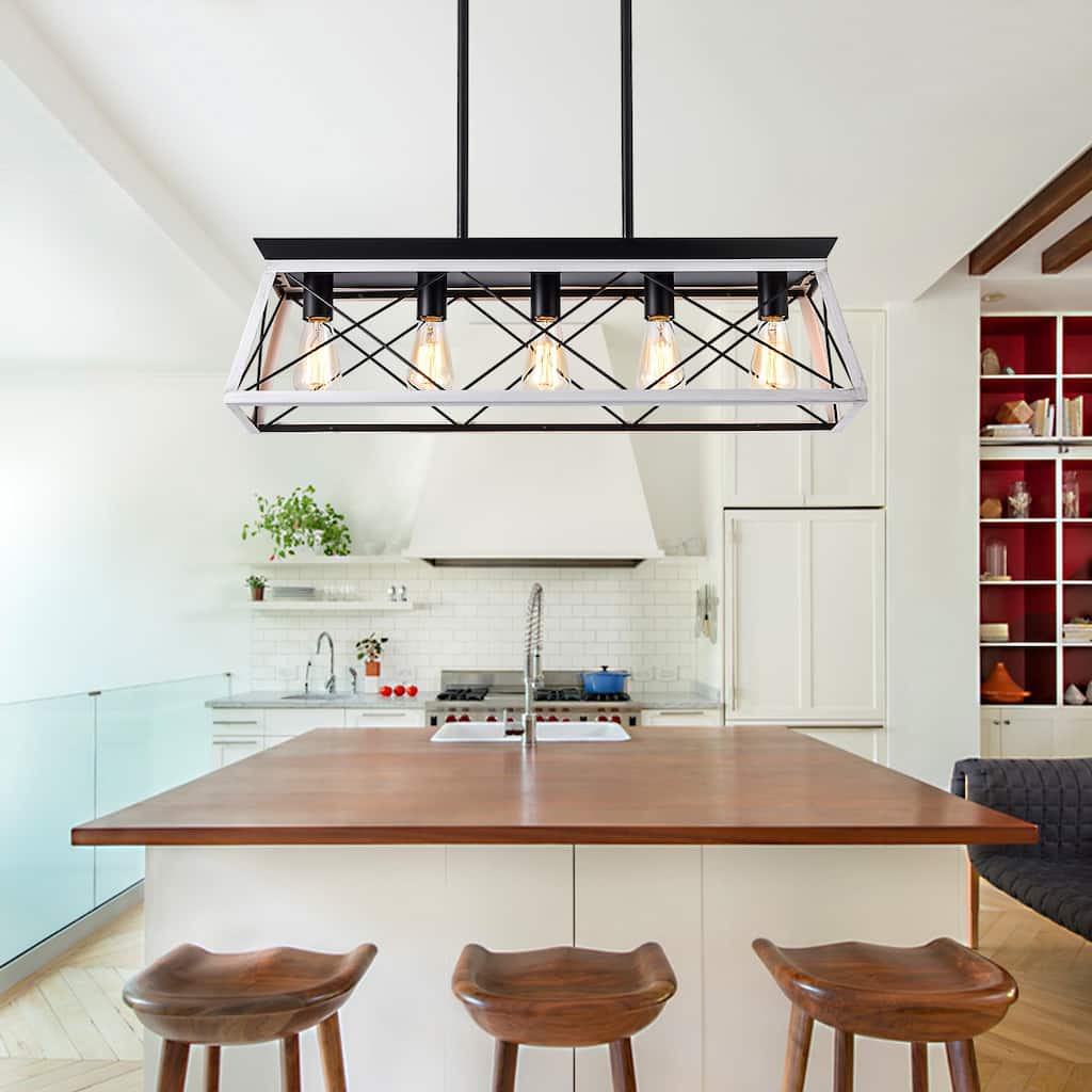 Anmytek Modern Industrial 5 Light Geometric Cage Pendant Light Kitchen Island Dining Room Black White Adjustable (No Bulbs)