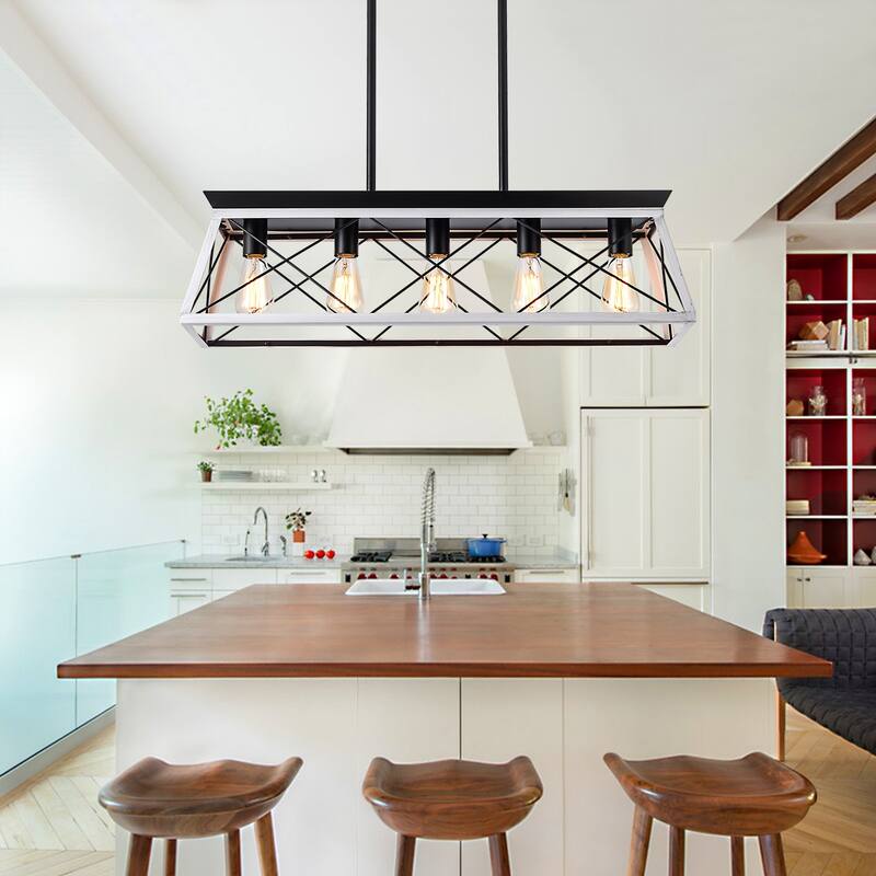 Farmhouse Vintage Crystal Chandelier, Rustic 5-Light Pendant Light, Industrial Hanging Light Fixture for Dining Room Kitchen - White