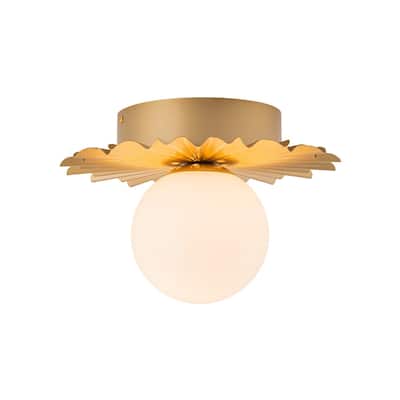 Art Deco Gold Sunburst 1-Light Milky Glass Globe Semi Flush Mount