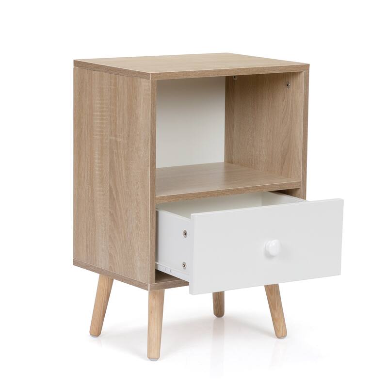 Anmytek Mid Century Modern Nightstand Set of 2,Light Wood Bedside Table with Drawer and Open Shelf