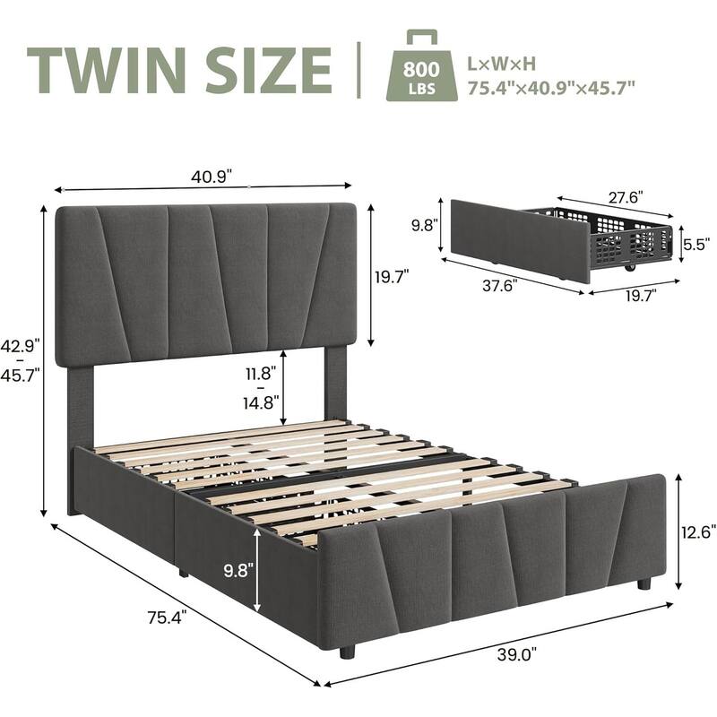 Twin Bed Frame with Headboard Adjustable and 2 Storage Drawers, No Box Spring Needed