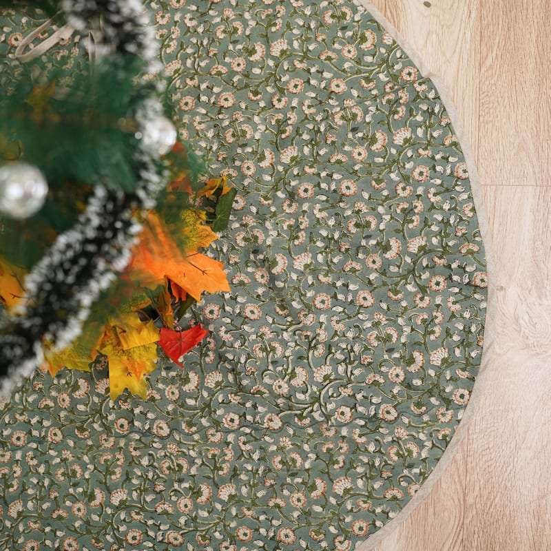 Fabdivine Hand Block Floral Soft Pure Linen Fabric Home Décor Christmas Tree Skrit