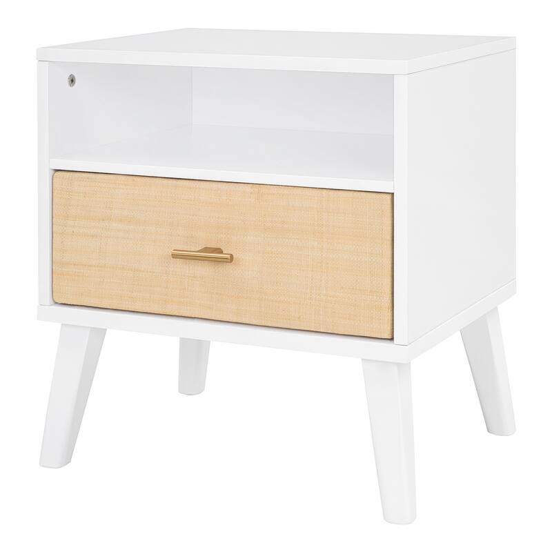 Queen Size Wooden Platform Bed Frame with Nightstands and Built-in Lamps, Elegant Rattan and Wood Design Bedroom Furniture