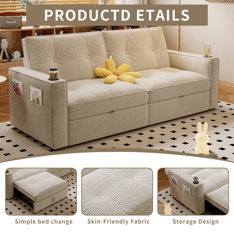 Multi-Functional Corduroy Loveseat Couch Convertible Sleeper Sofa Bed with Cup Holders and Side Pockets for Sitting, Sleeping