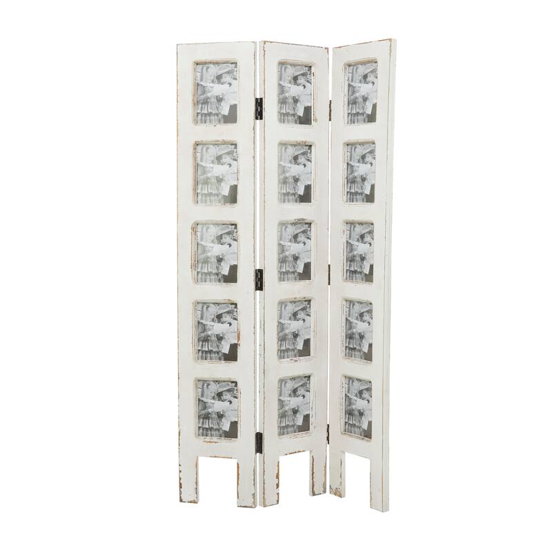 Wooden Hinged Foldable Partition 3 Panel Room Divider Screen with 15 Photo Slots - White - Roche River Decor - 1"Wx27"Lx51"H