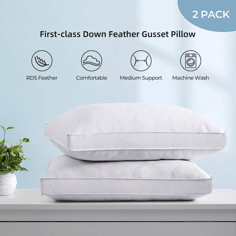 2 Pack Premium Quilted Gusset Goose Feather Down Bed Pillows for Side & Back Sleepers - White