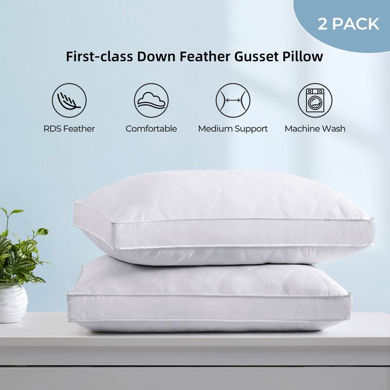 2 Pack Premium Quilted Gusset Goose Feather and Down Bed Pillows for Side & Back Sleepers - White
